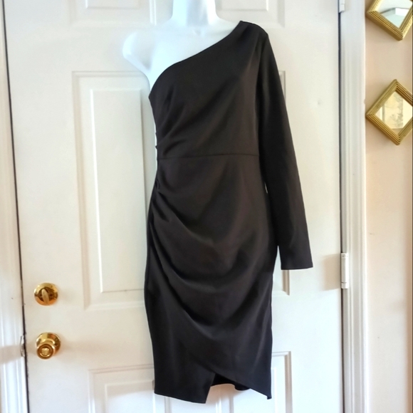 Steel Mill & Co Black One Shoulder Long Sleeve Wrapped Dress. Size L - Picture 1 of 13